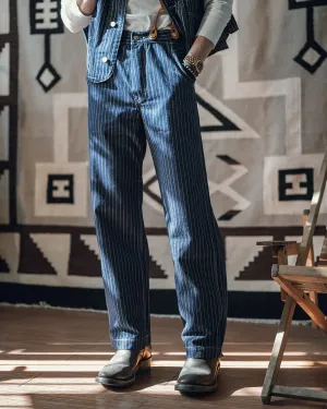 1920s Waist Overall Wabash Stripe Jeans - Retro Men's Work Pants