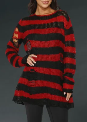 Black and Red Striped Oversized Distressed Knit Sweater