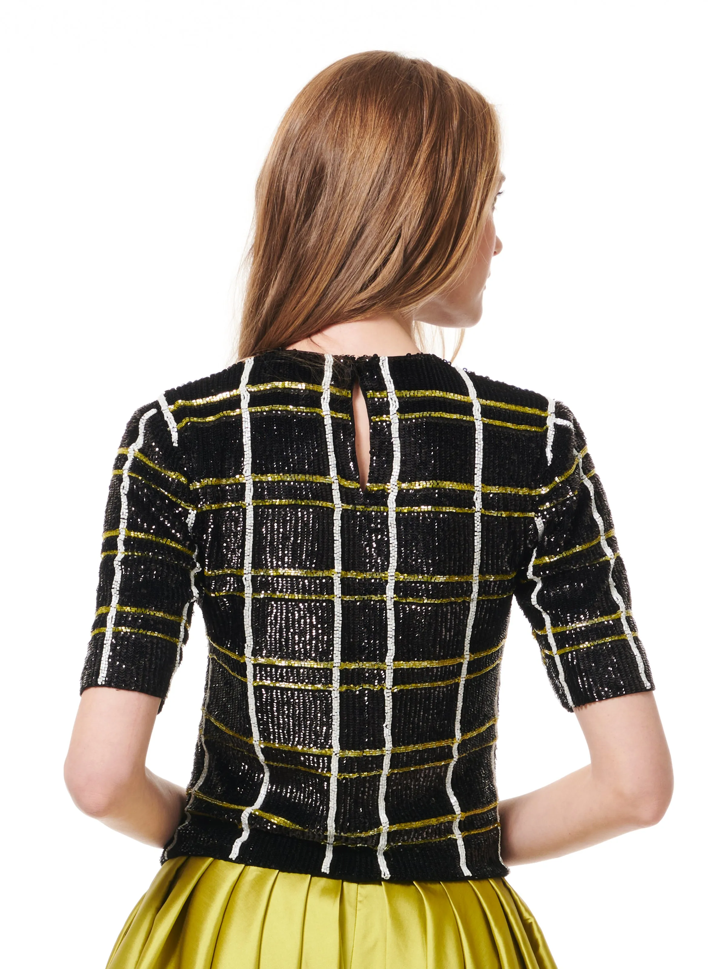 BLACK CITRINE PLAID BEADED ELBOW TEE