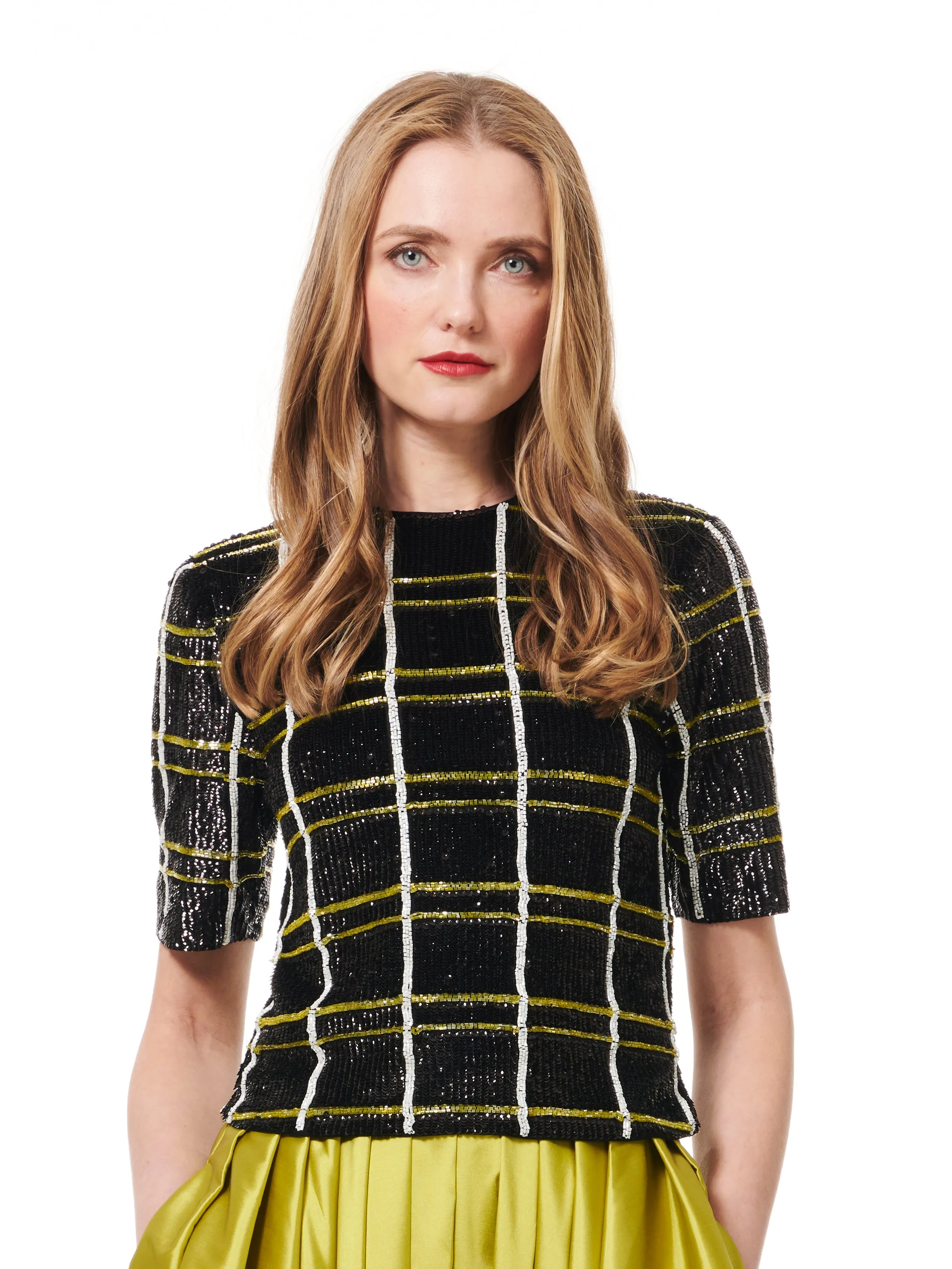 BLACK CITRINE PLAID BEADED ELBOW TEE