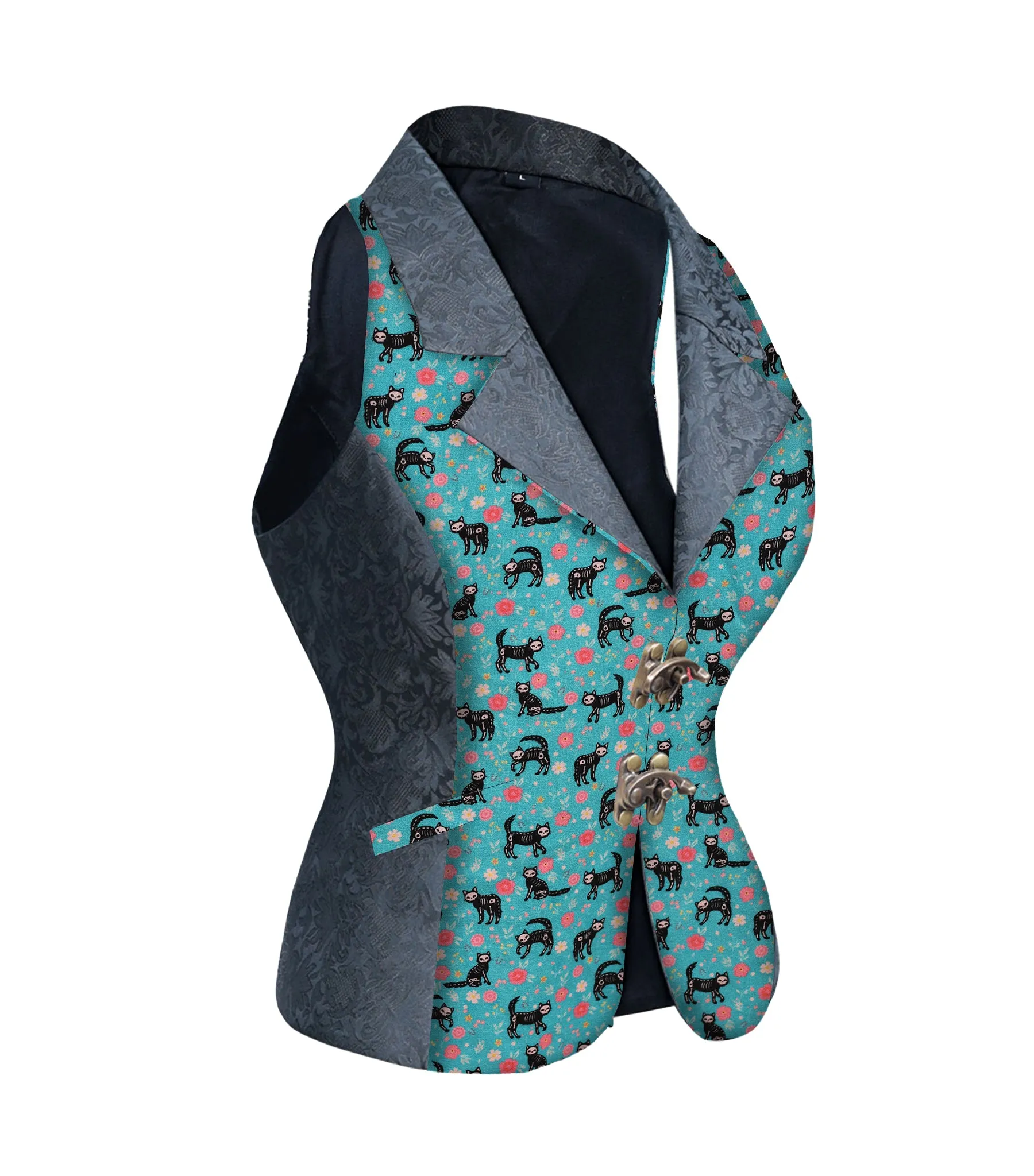 Cat Print Black brocade Ladies Waistcoat