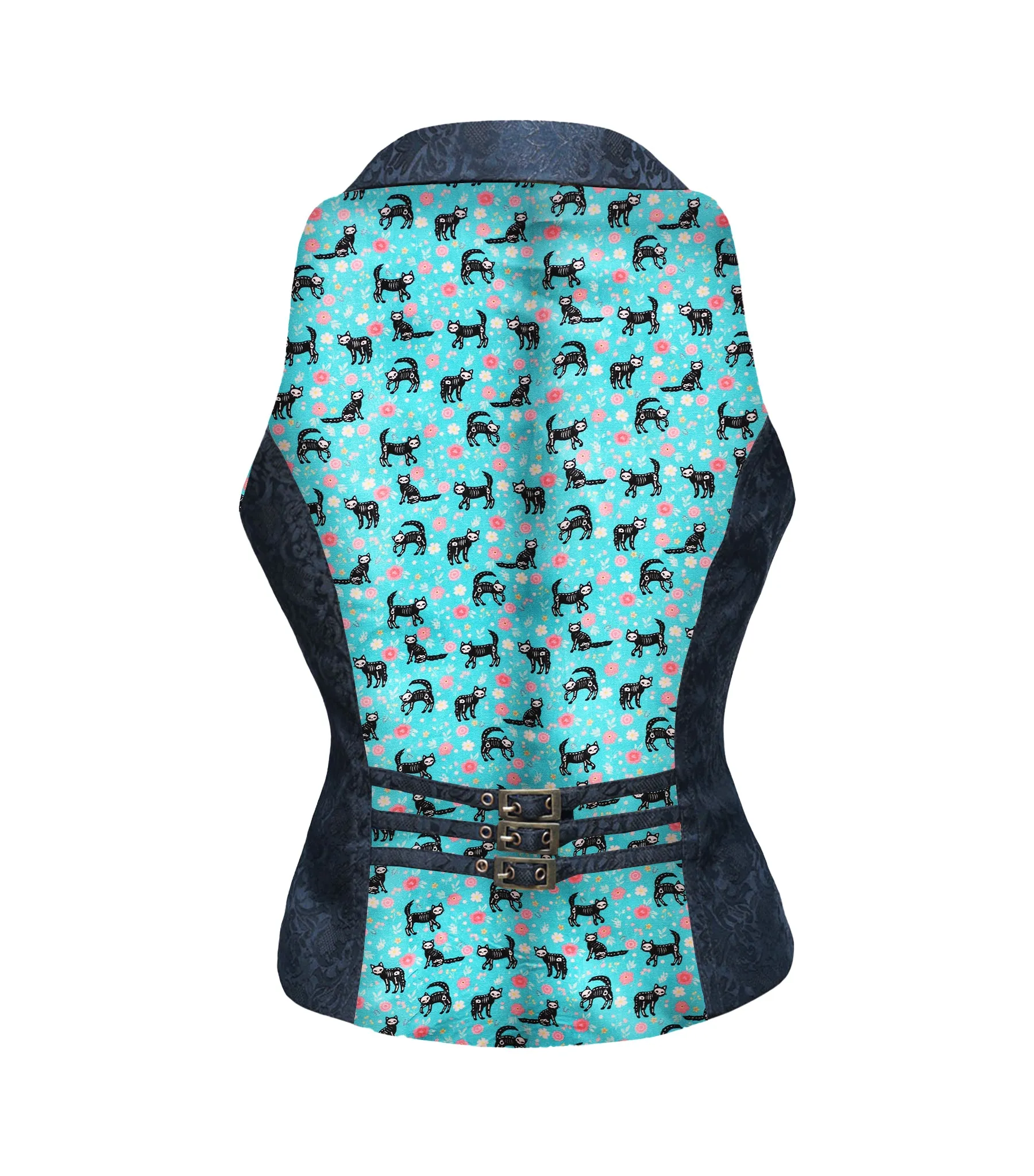 Cat Print Black brocade Ladies Waistcoat