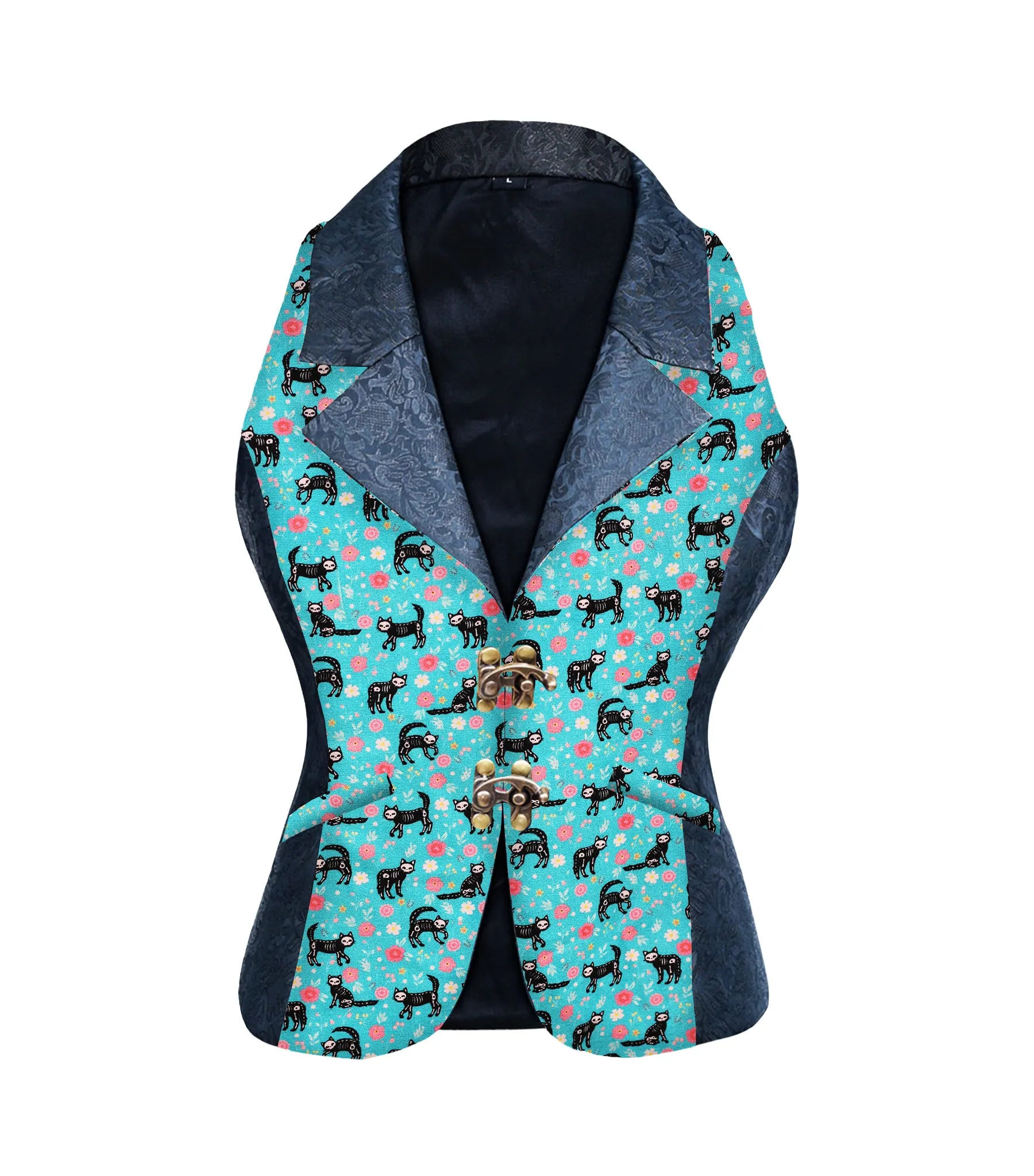 Cat Print Black brocade Ladies Waistcoat