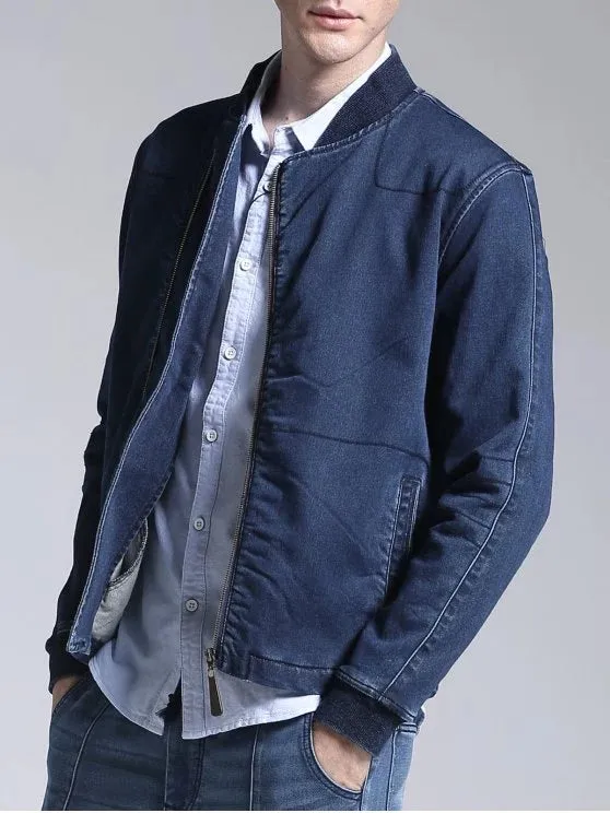 Cheap Stand Neck Zippered Denim Jacket