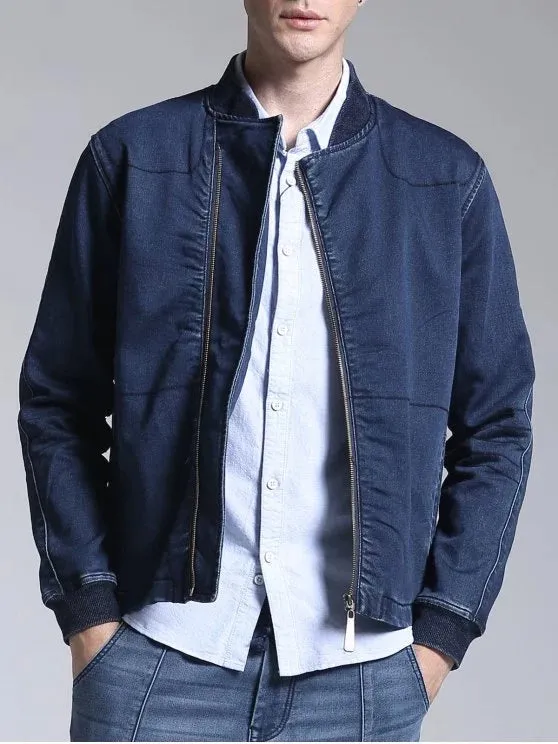 Cheap Stand Neck Zippered Denim Jacket