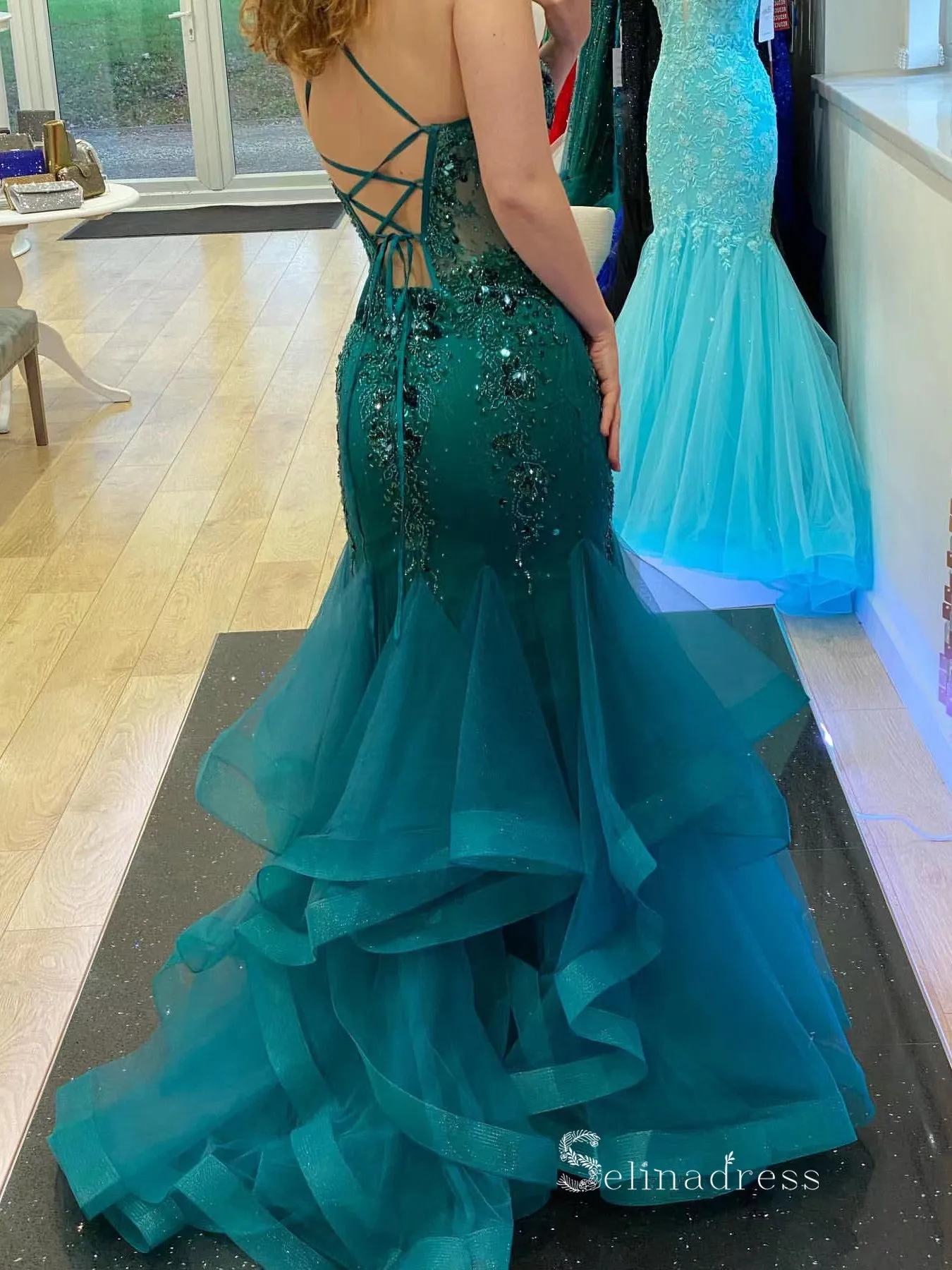 Chic Mermaid Spaghetti Straps Green Long Prom Dresses Beaded Evening Dress MLK029