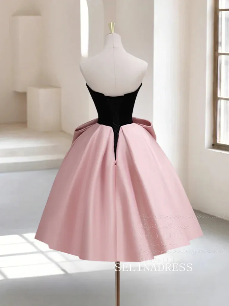 Chic Satin Sweetheart Black Pink Short Prom Dress Simple Homecoming Dress #TKL2123