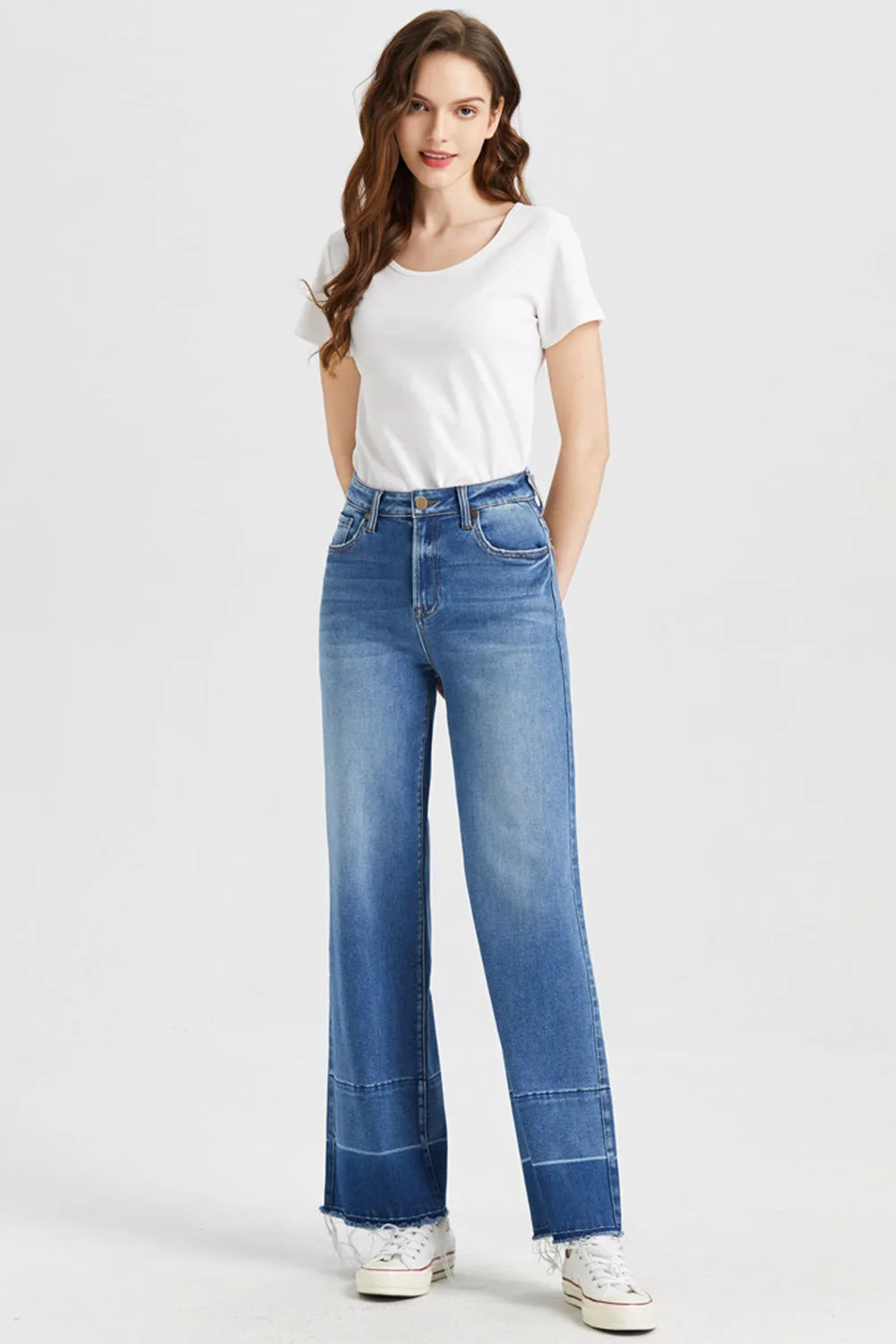 Full Size High Waist Cat's Whisker Wide Leg Mom Jeans