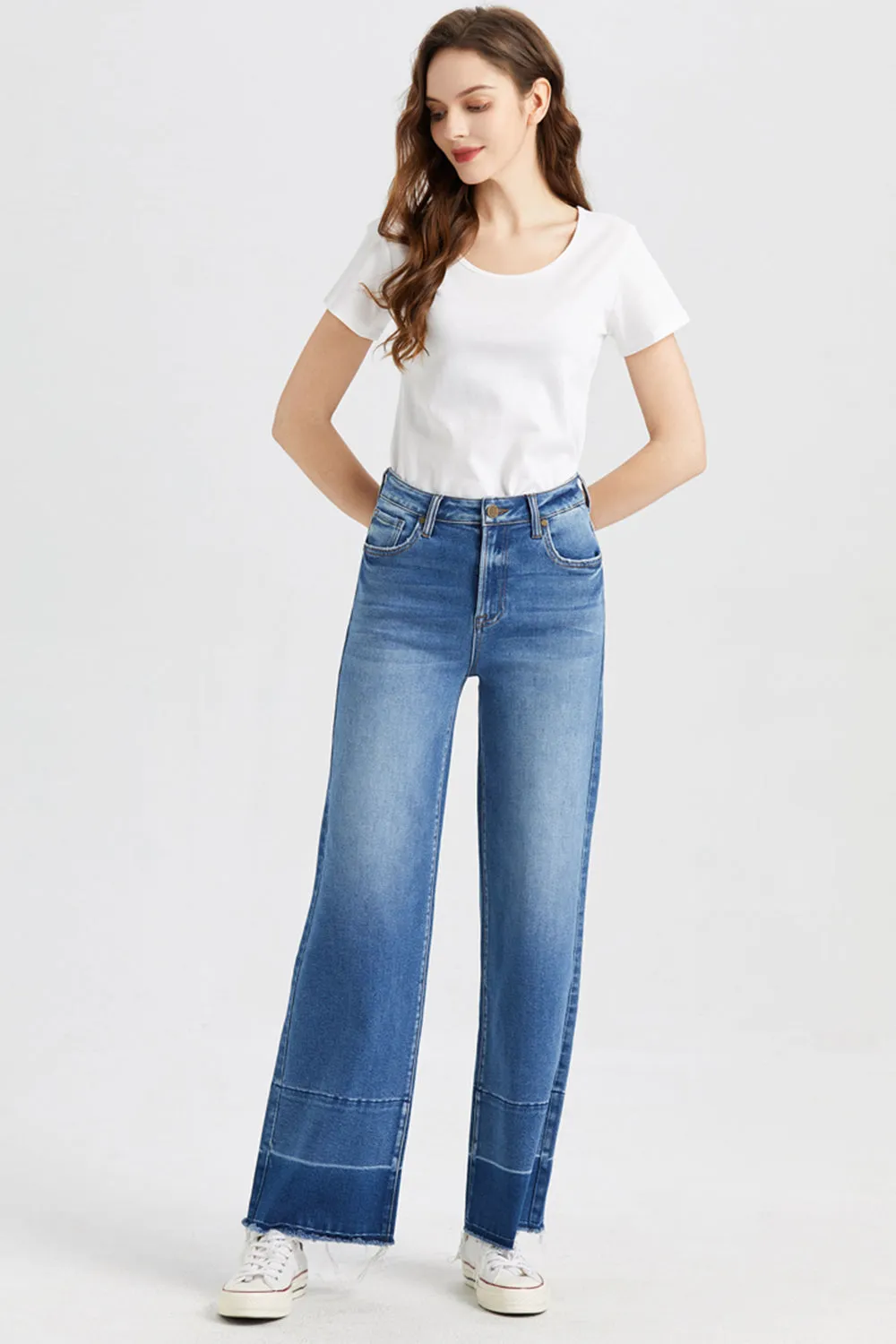 Full Size High Waist Cat's Whisker Wide Leg Mom Jeans