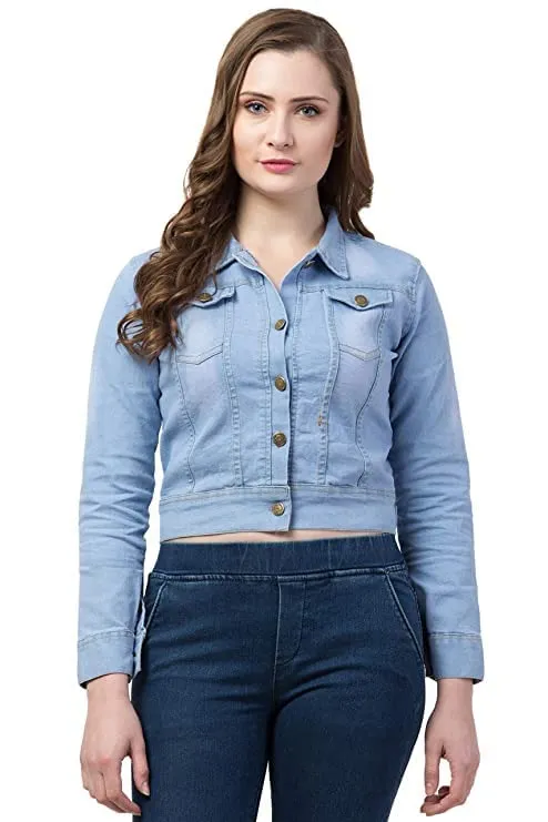 FUNDAY FASHION Full Sleeve Blue Solid Women's Denim Jacket (X-Large, New Light Blue)