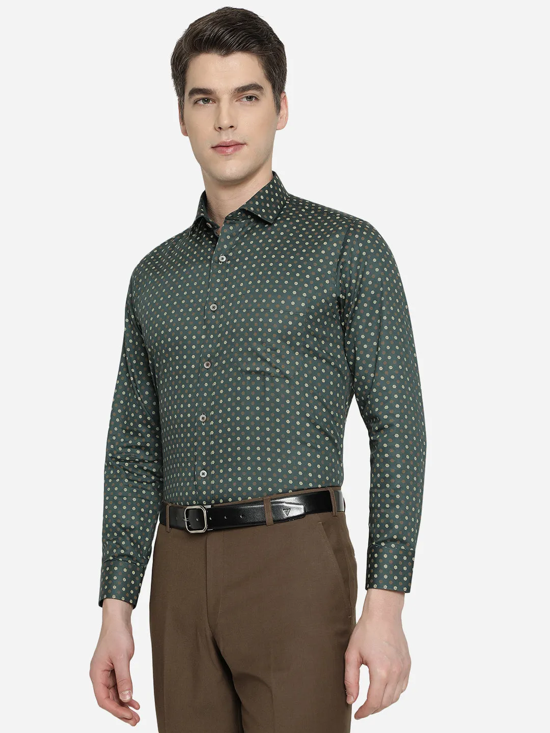 Green & Beige Printed Slim Fit Formal Shirt | Greenfibre