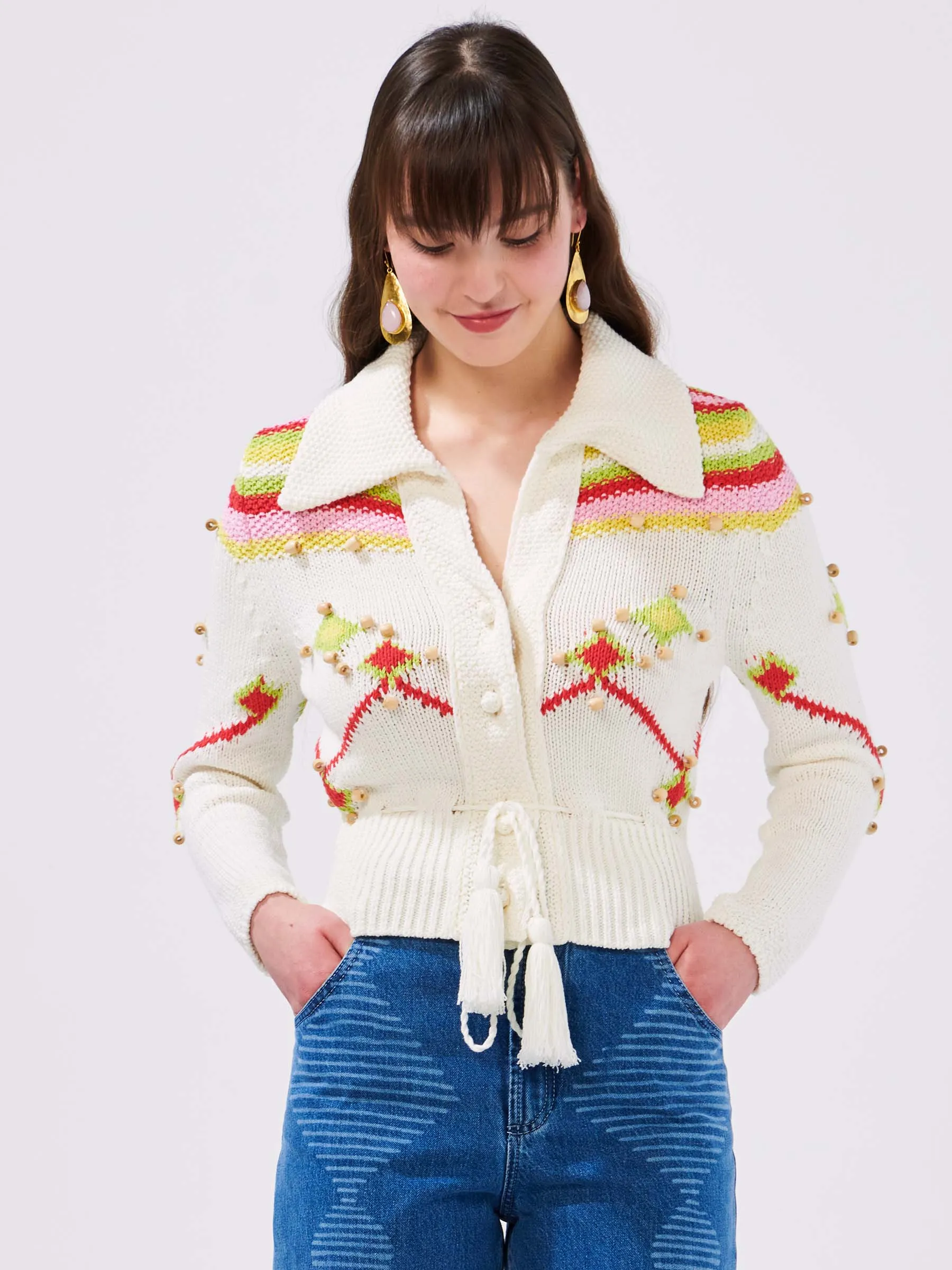 Intarsia Diamond Beaded Cotton Cardigan White