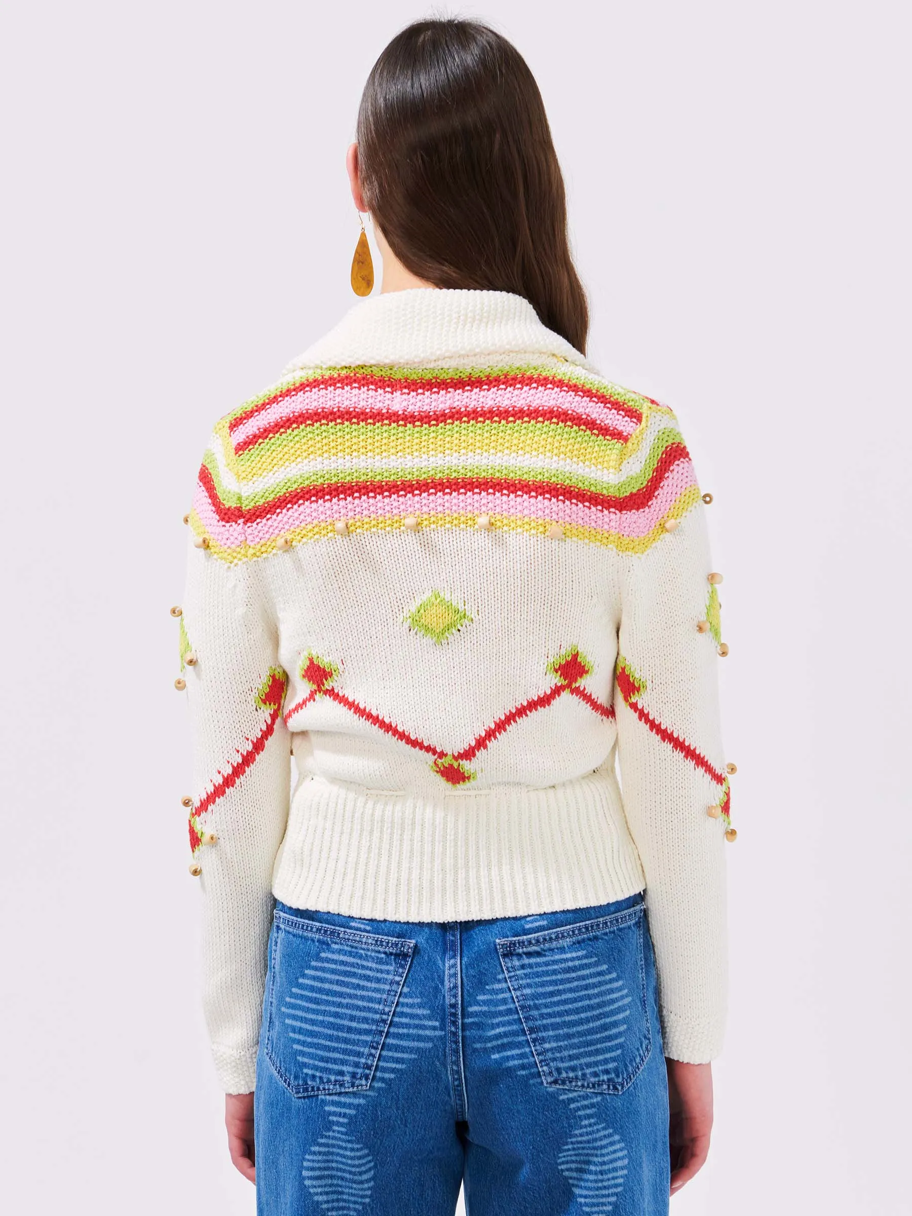 Intarsia Diamond Beaded Cotton Cardigan White