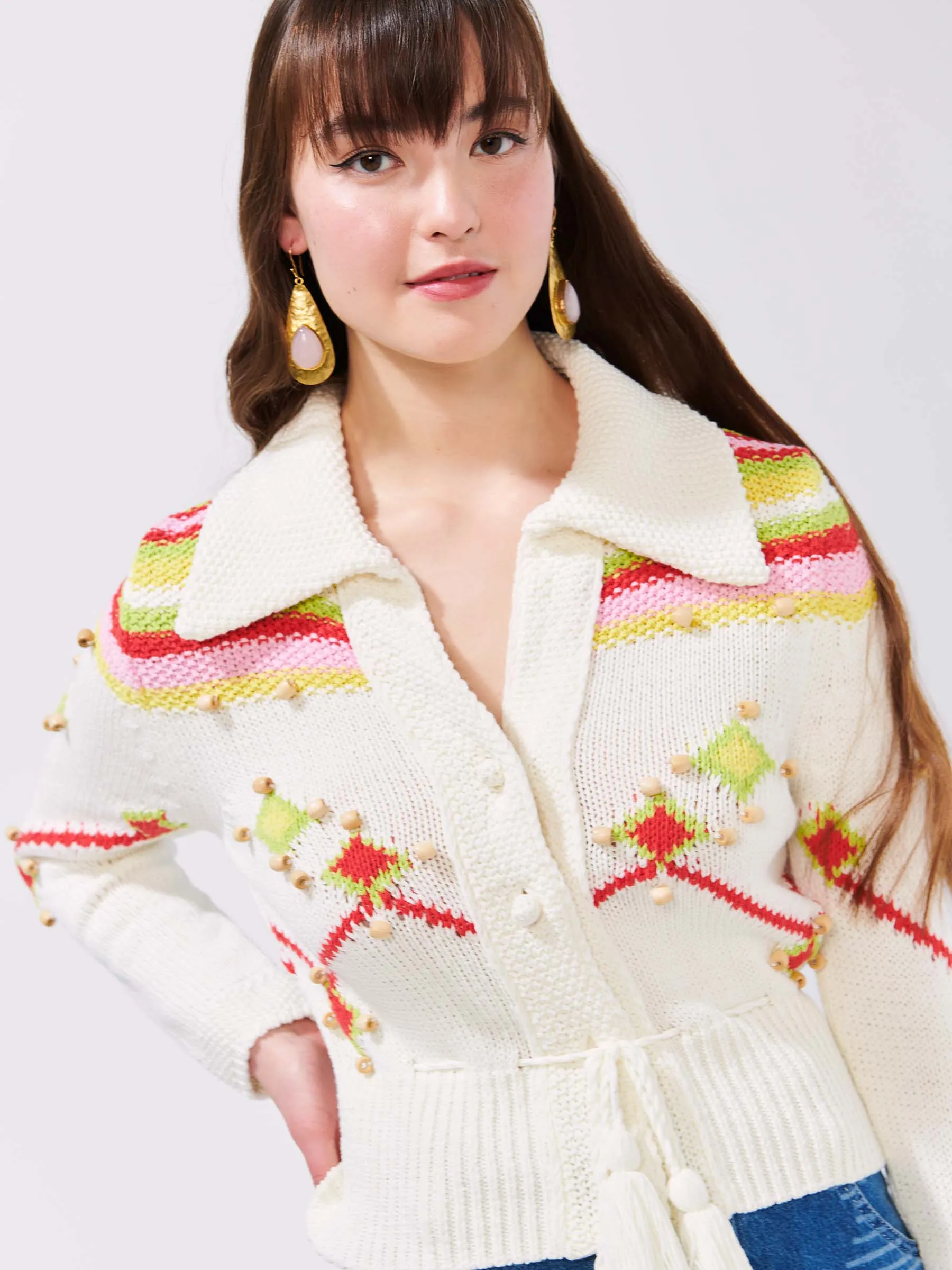 Intarsia Diamond Beaded Cotton Cardigan White