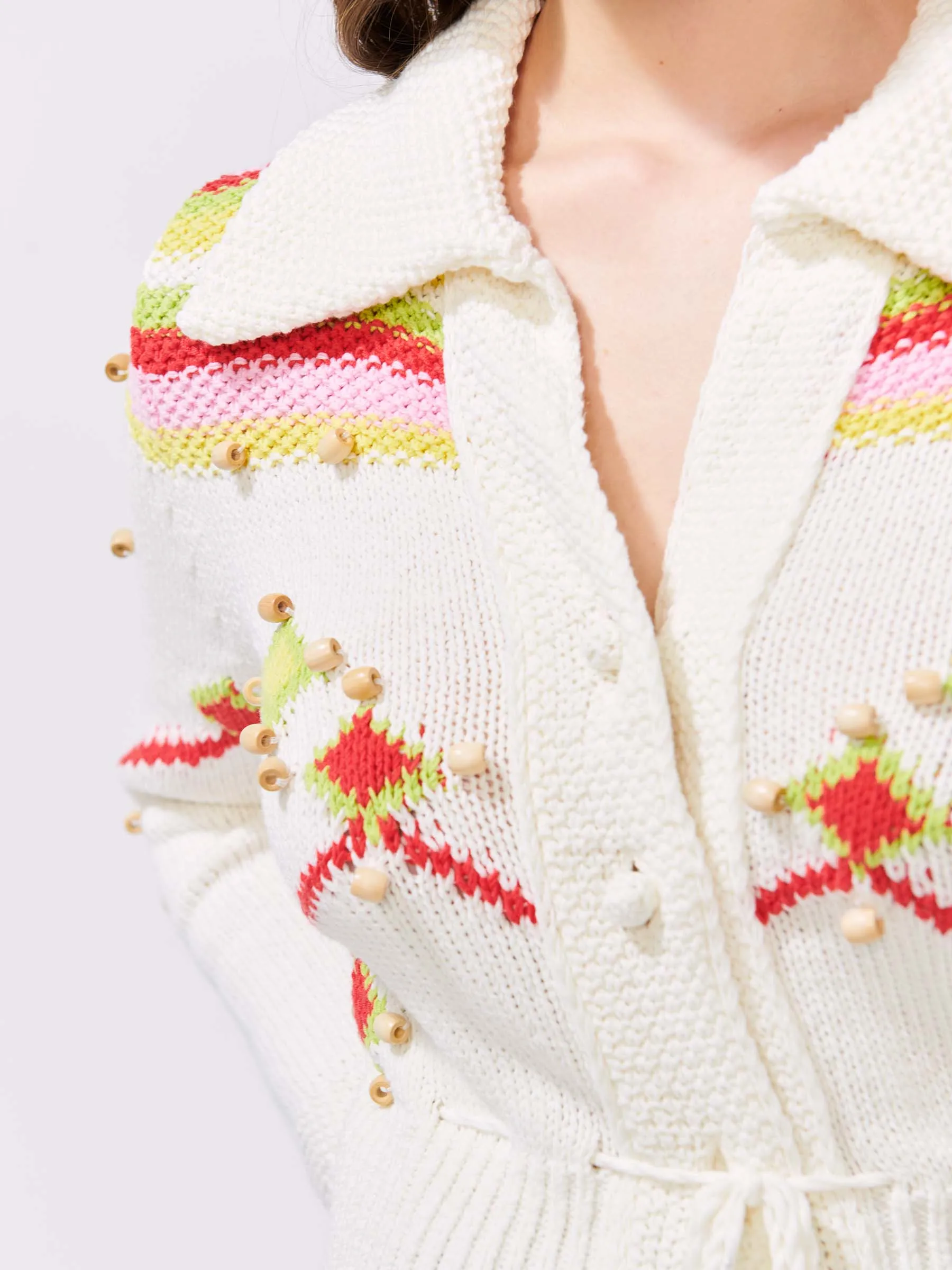 Intarsia Diamond Beaded Cotton Cardigan White