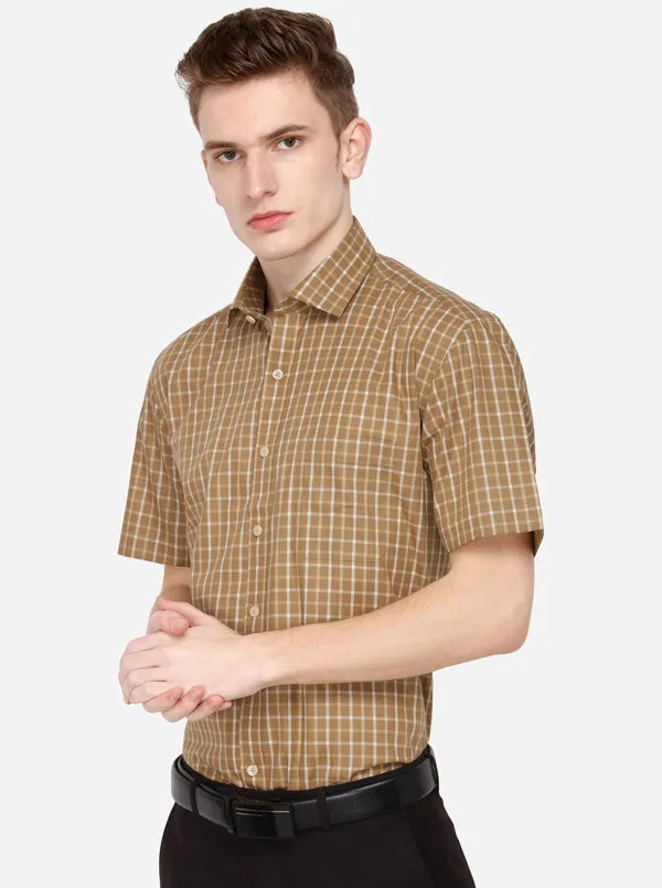 Khaki & Cream Checked Regular Fit Formal Shirt | JadeBlue