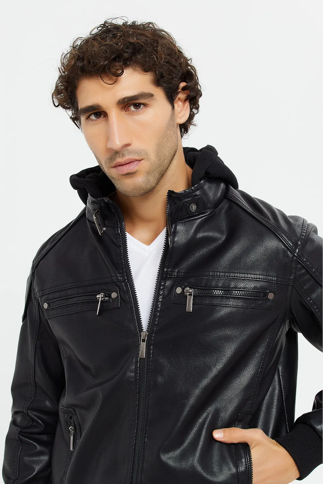 Men Black Hooded Biker Jacket