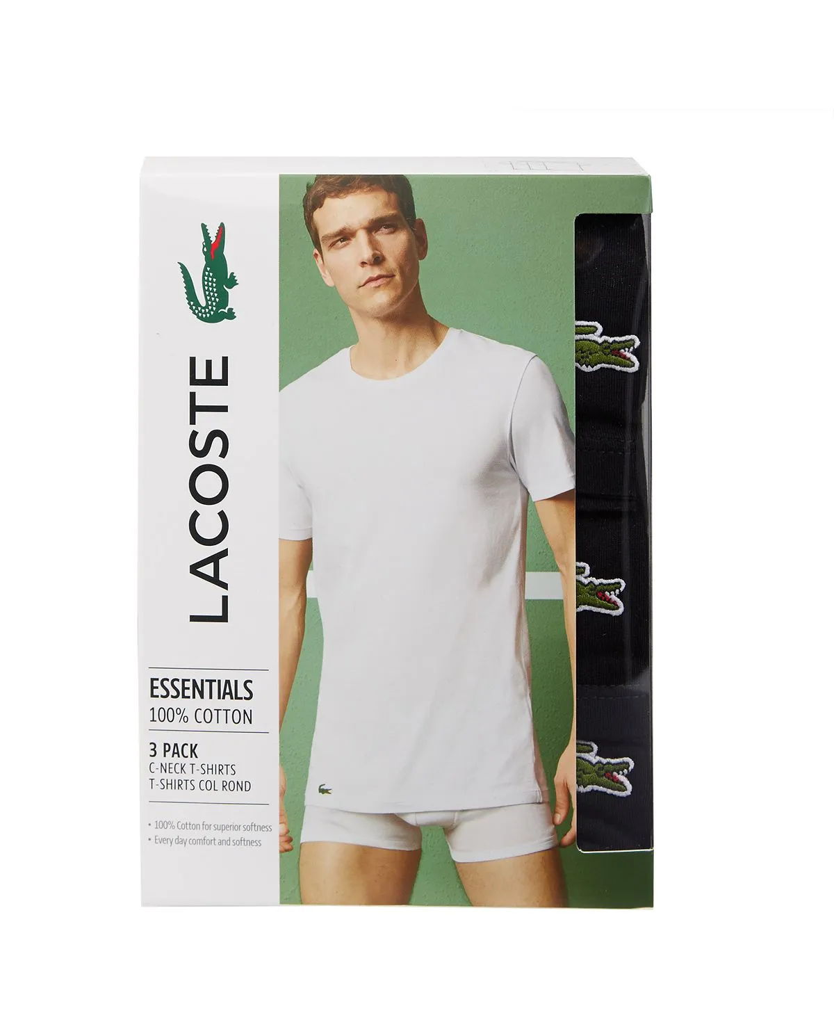 Men's essential cotton T-shirt set with round neck, classic fit 3-piece Lacoste, black