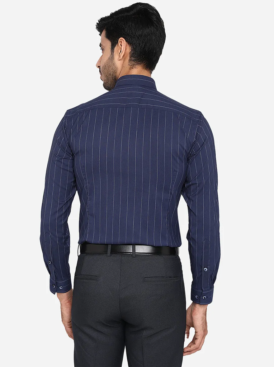 Navy Blue & White Striped Slim Fit Formal Shirt | Greenfibre