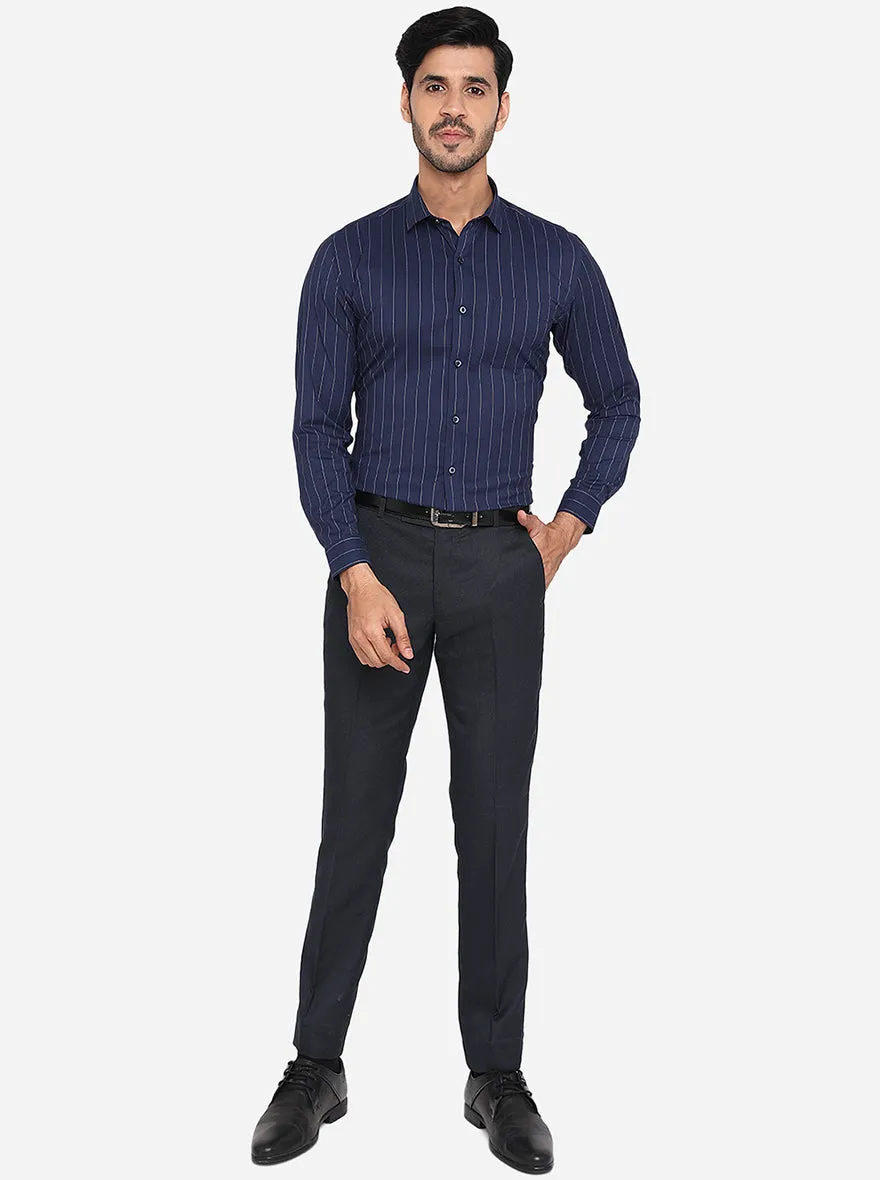 Navy Blue & White Striped Slim Fit Formal Shirt | Greenfibre