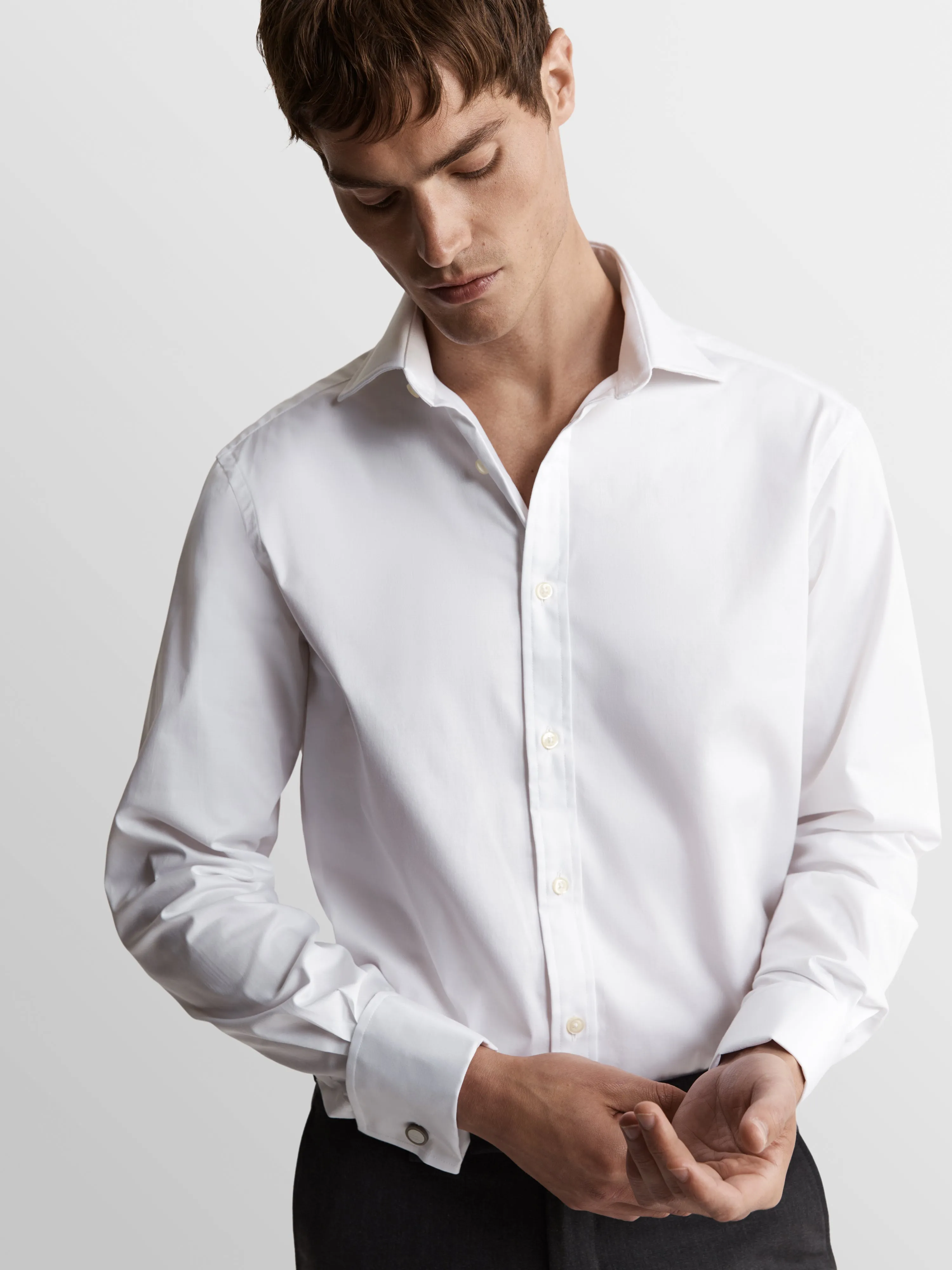 Non-Iron White Twill Super Fitted Double Cuff Classic Collar Shirt