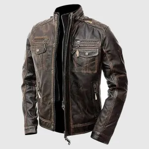 Premium Quality Café Racer Retro Biker Distressed Brown Cowhide Leather Jacket Mens Cowhide Leather