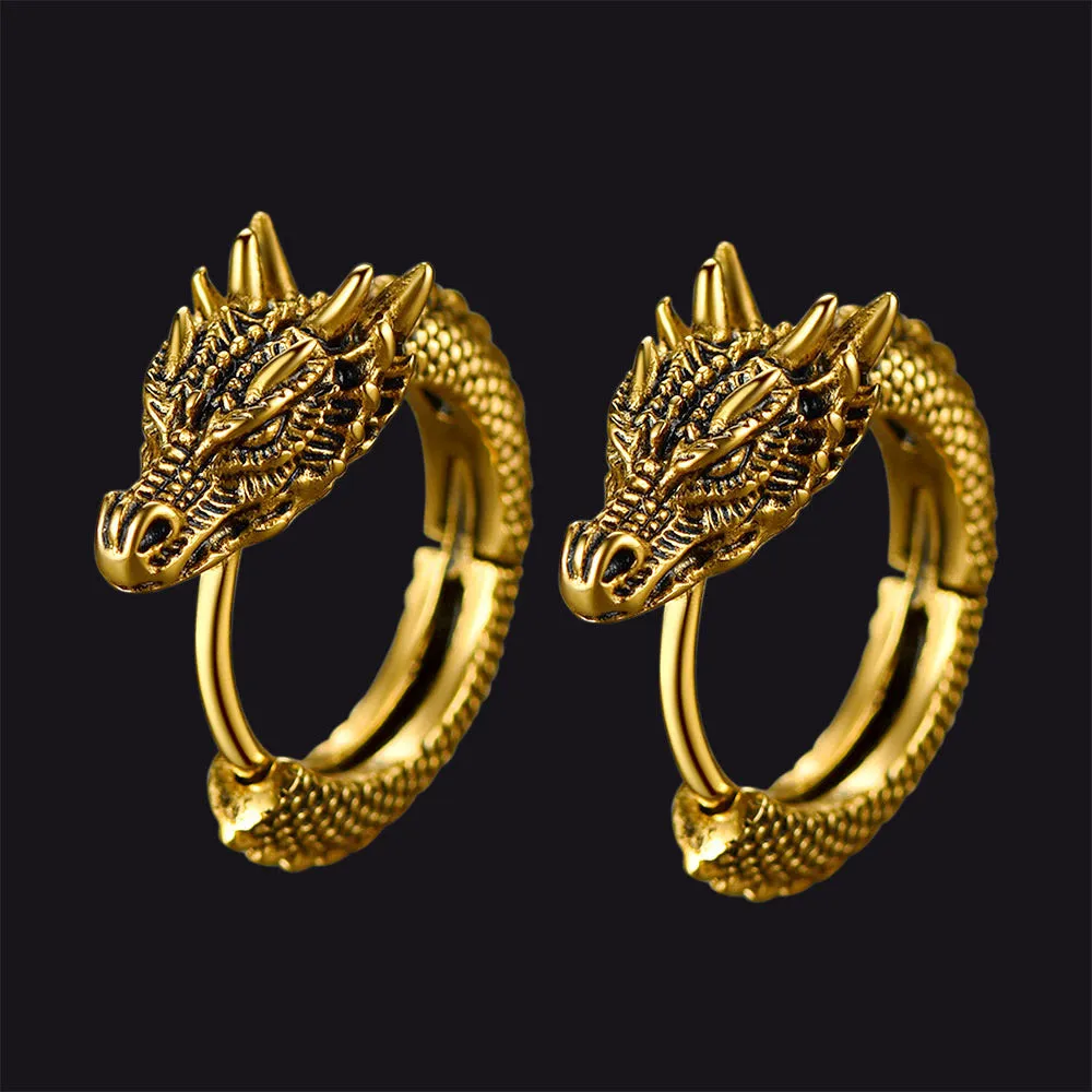 Punk Small Dragon Hoop Earrings for Men Women