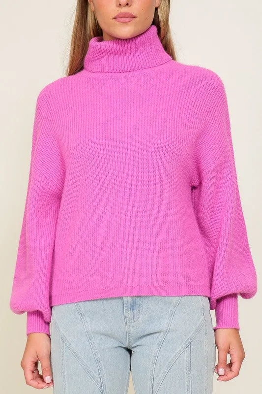 Rib Knitted Turtleneck Sweater with Bishop Sleeve