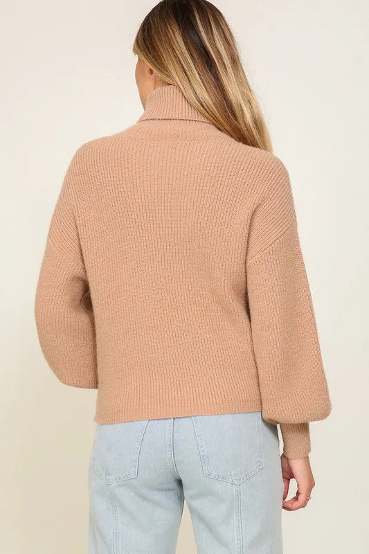 Rib Knitted Turtleneck Sweater with Bishop Sleeve