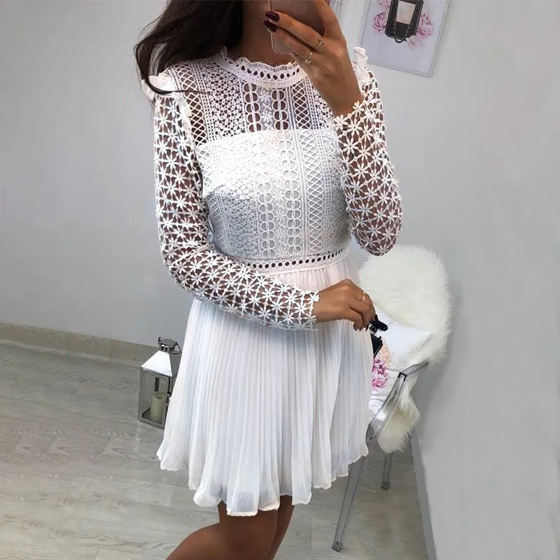 Sexy Lace Floral Hollow Out Long Sleeve Mesh Chiffon Dress