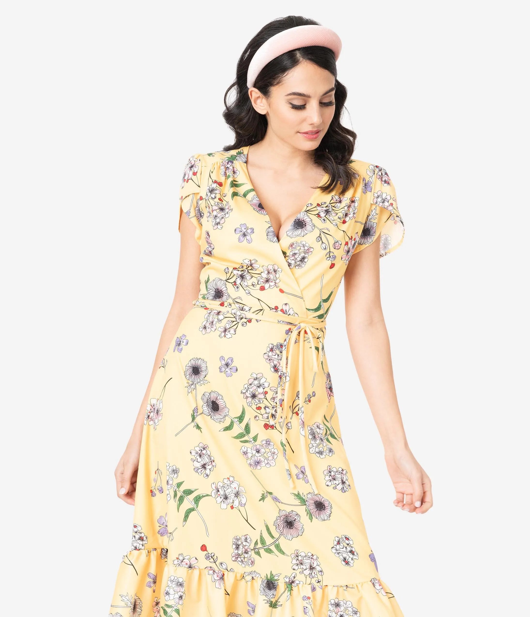 Smak Parlour Yellow & Ivory Floral Print Hide And Go Chic Midi Dress