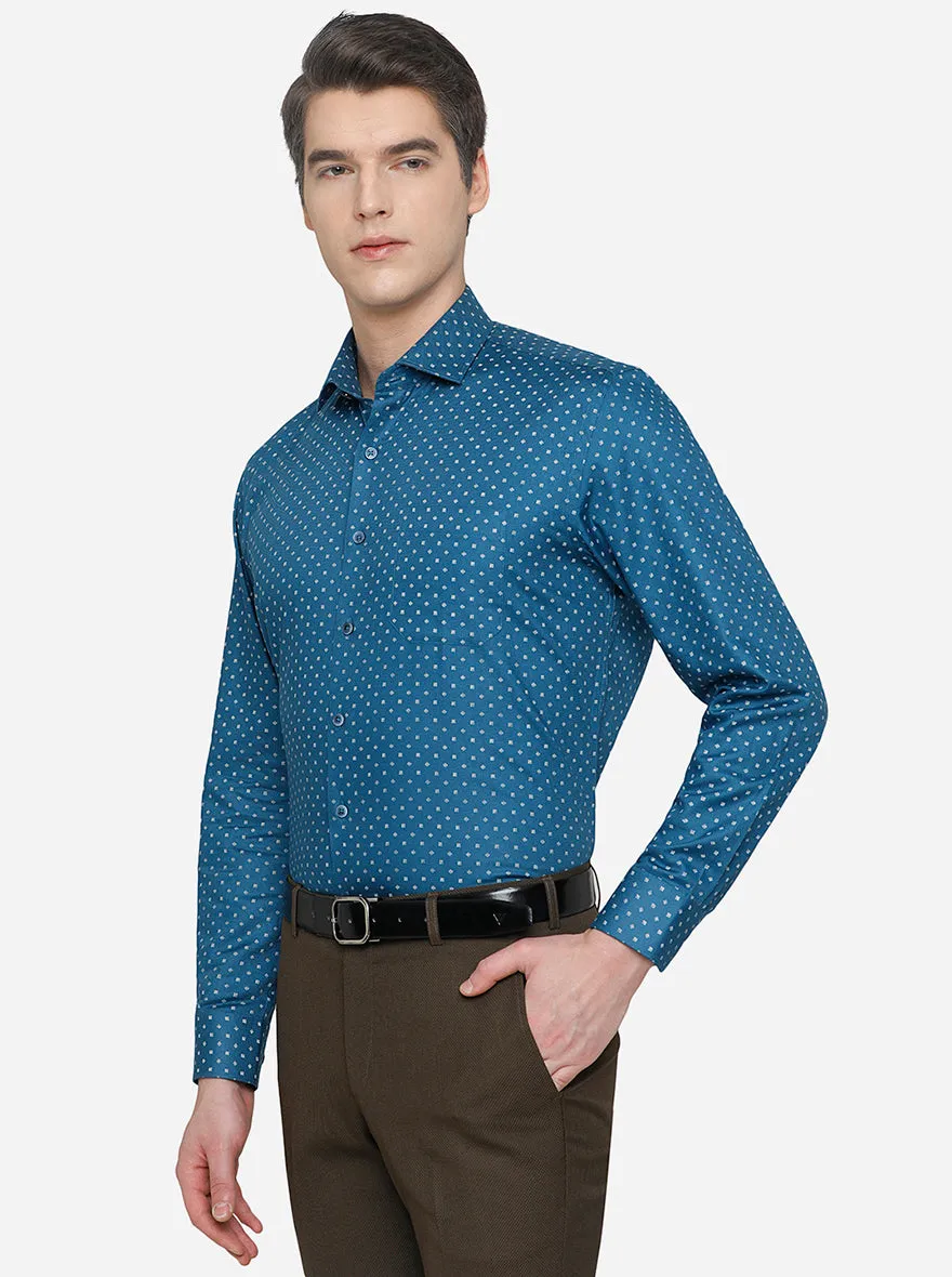 Teal Blue Printed Regular Fit Formal Shirt | JadeBlue