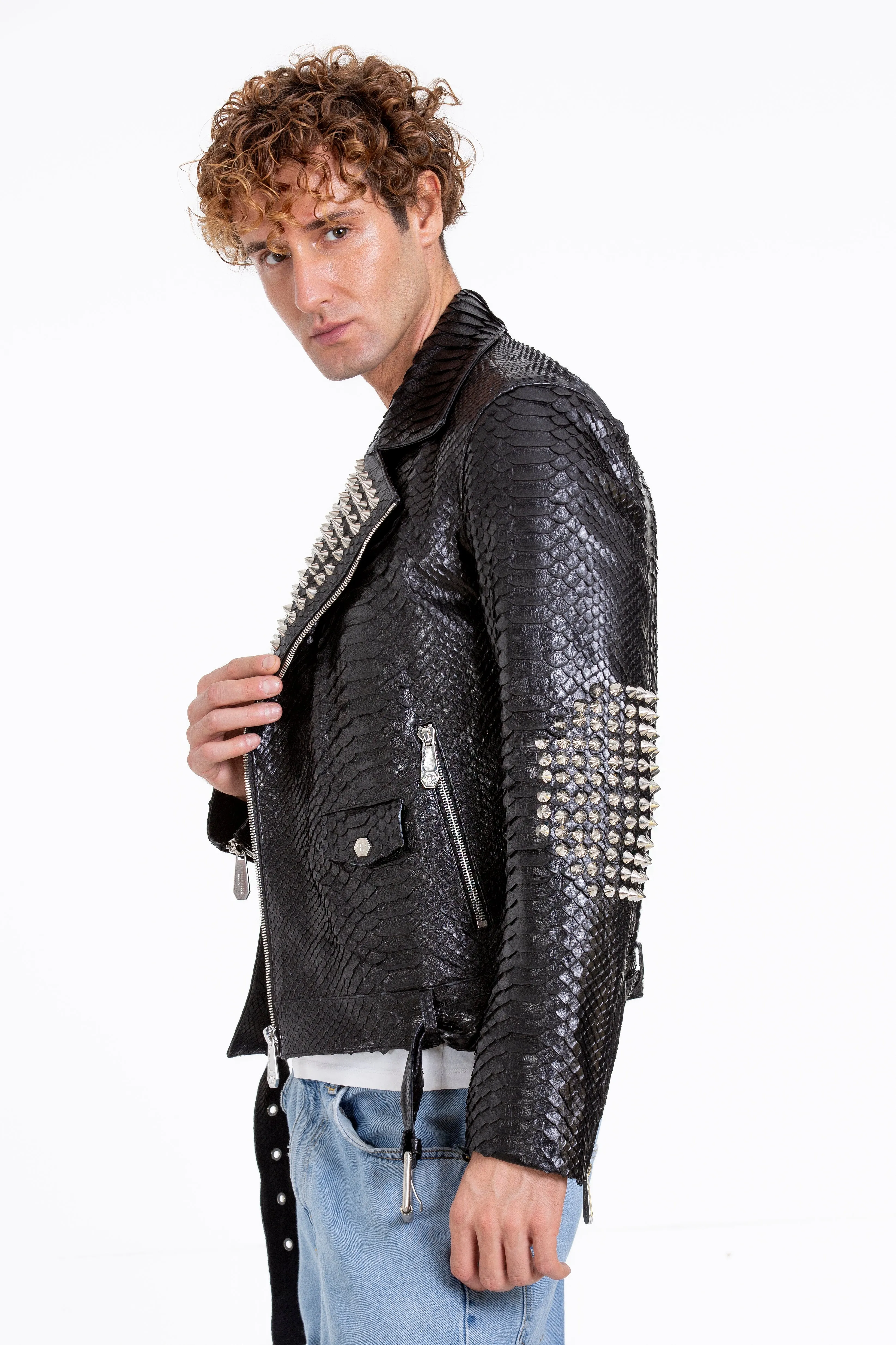 The Kopenhag Pythn Black Spike Leather Men  Jacket