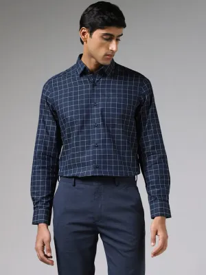 WES Formals Classic Checked Navy Cotton Slim-Fit Shirt