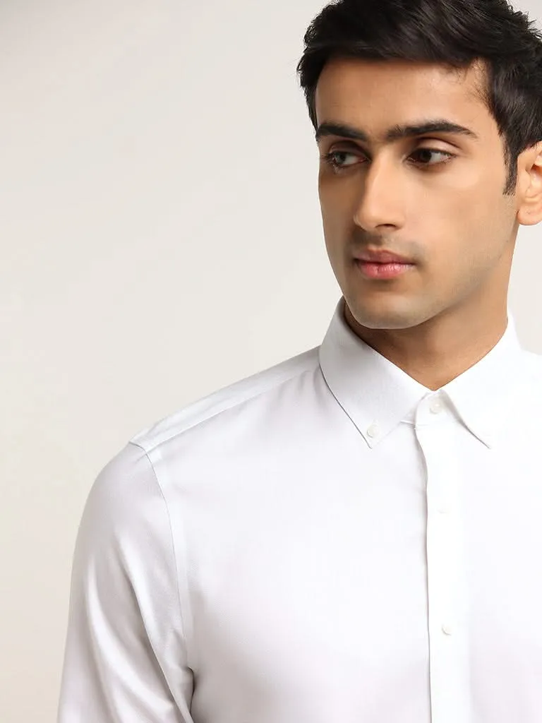 WES Formals Solid White Cotton Slim Fit Shirt