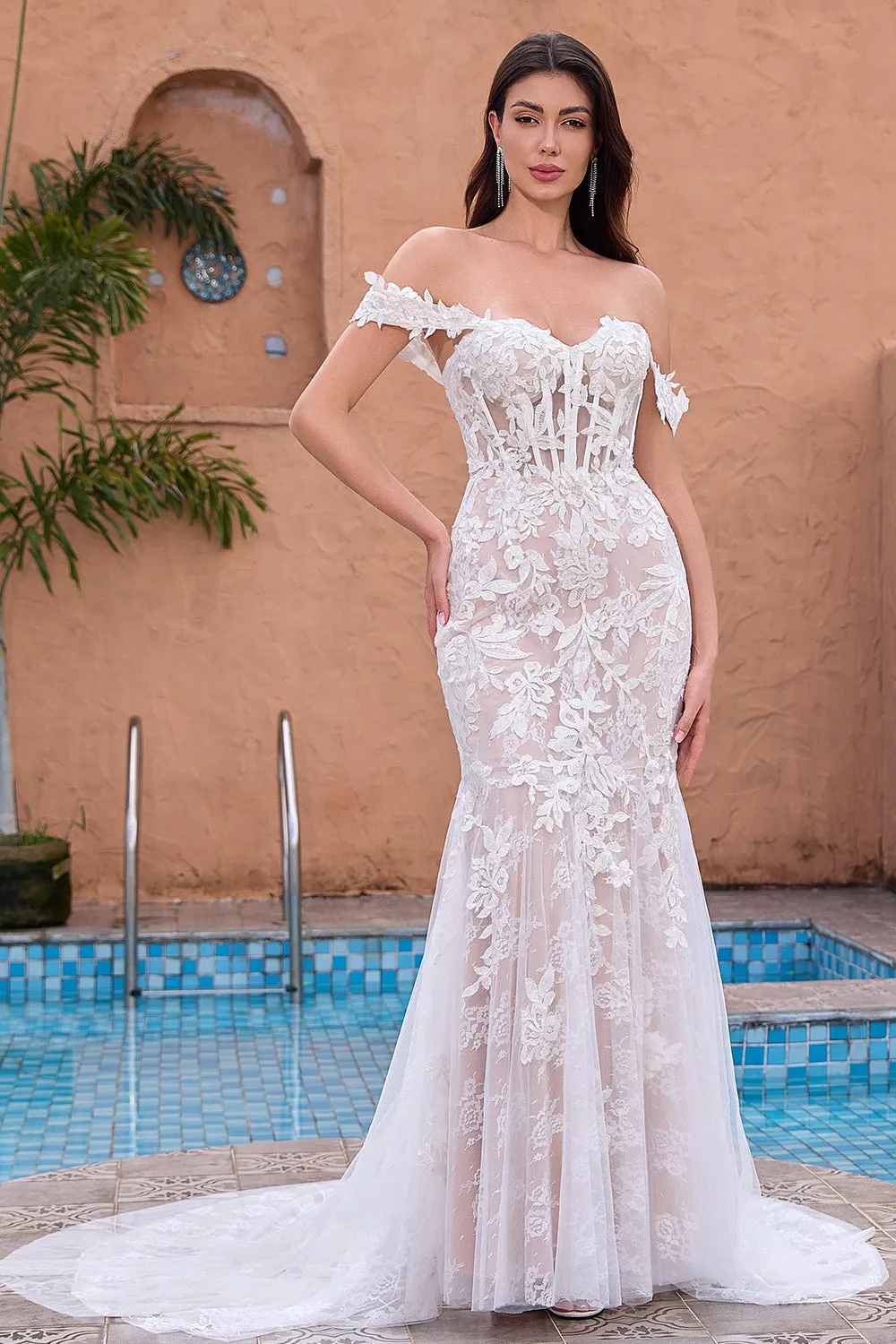 White Off the Shoulder Mermaid Corset Sweep Train Wedding Dress with Applique Lace