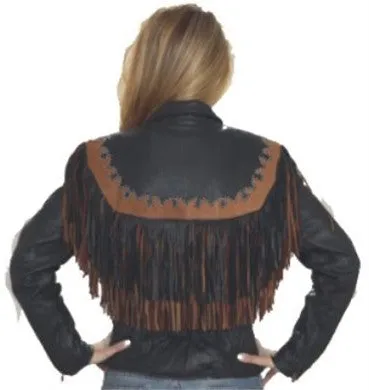 Women's Black and Brown Leather Motorcycle Jacket with Fringes