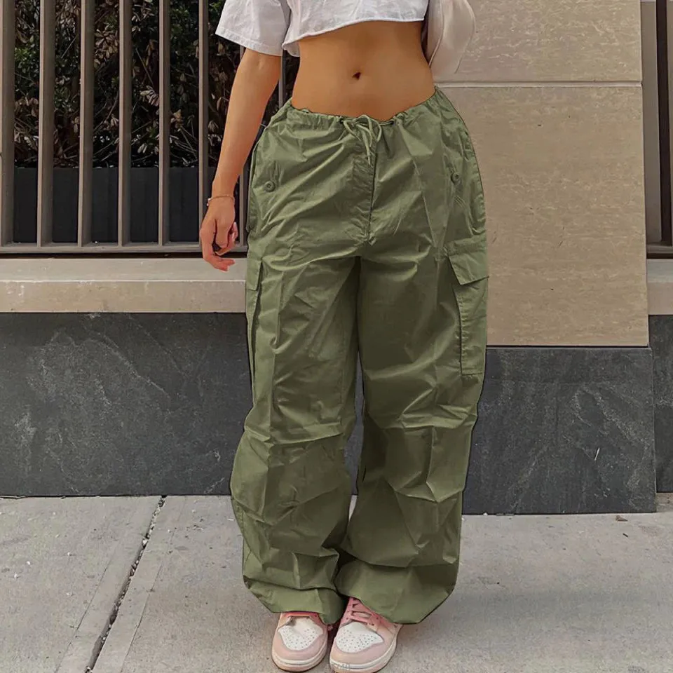 Y2K Low Waist Parachute Cargo Pants - Women's Loose Fit, Solid Pattern, Polyester Material